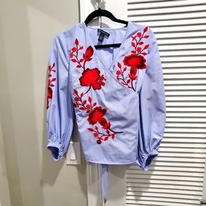 wrap tie top. light blue pinstripe w bright orange reddish flower pattern.